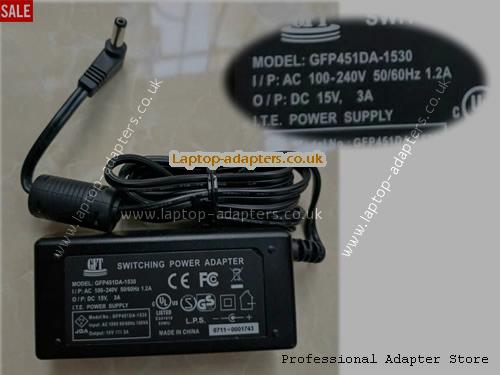  GFP451DA-1530 AC Adapter, GFP451DA-1530 15V 3A Power Adapter GFT15V3A45W-5.5x2.1mm