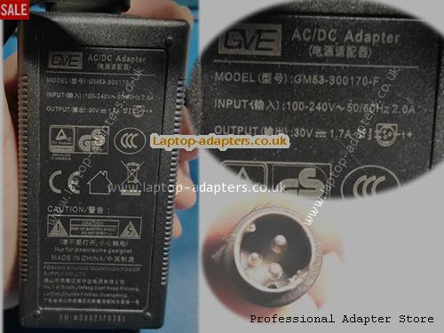  GM53-300170-F AC Adapter, GM53-300170-F 30V 1.7A Power Adapter GVE30V1.7A51W-3Pins