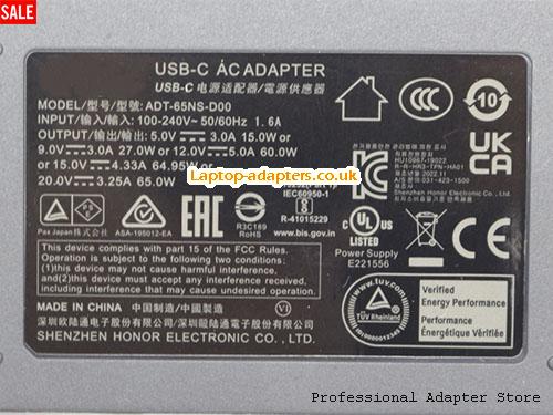  Image 3 for UK £16.85 Genuine Hoioto ADT-65NS-D00 USB-C AC Adapter 20.0v 3.25A 65W Type C 